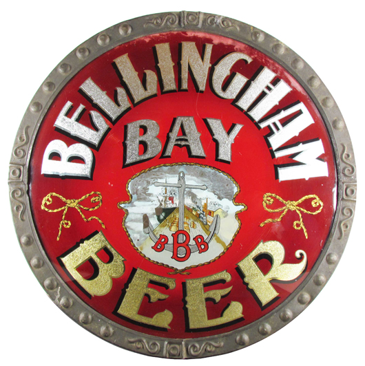 Bellingham Bay reverse-glass sign in original frame, 19 1/2 inches in diameter ($31,200). Showtime Auction Services image.