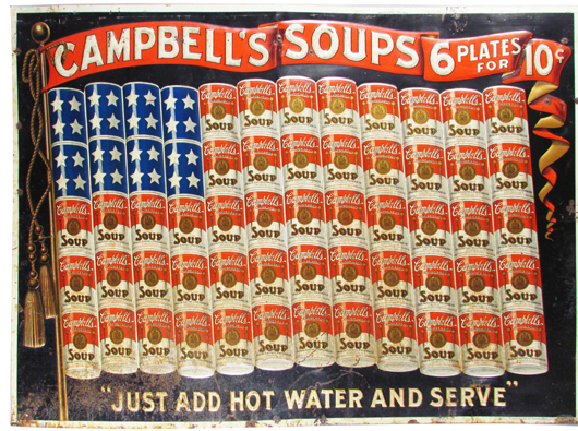 Rare Campbell's Soup embossed tin sign, highly sought after by collectors, soared to $60,000. Showtime Auction Services image.