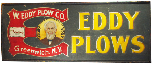 Walden Eddy Plows, Greenwich, N.Y., outdoor sand sign, very good original condition. Price realized: $20,520. Showtime Auction Services image.