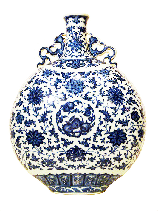 Large blue and white moonflask, Qianlong mark, possibly of the period. Est. $7,000-$15,000. Imperial Auctioneers image.