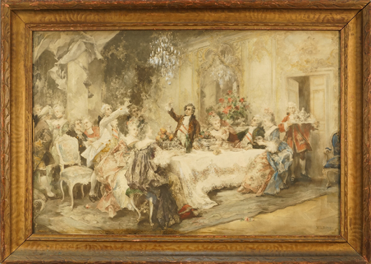 Vincent de Garcia Paredes' watercolor ‘Encenas Galantes,’ estimate:  $950-1,850. Lewis & Maese Auctioneers image.