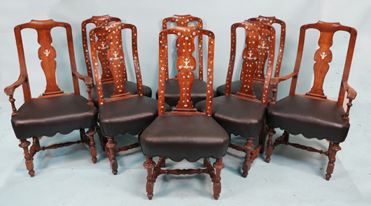 Eight 17th century Dutch ivory inlaid chairs, estimate: $9,000. Lewis & Maese Auctioneers image.