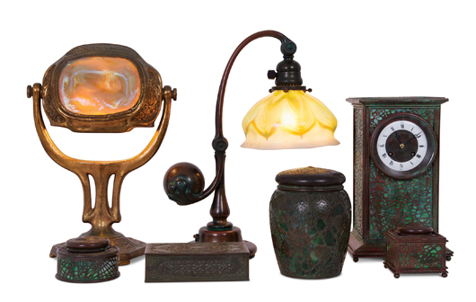 Collection of Tiffany Studios desk lamps and accessories. Abell Auction Co. image.