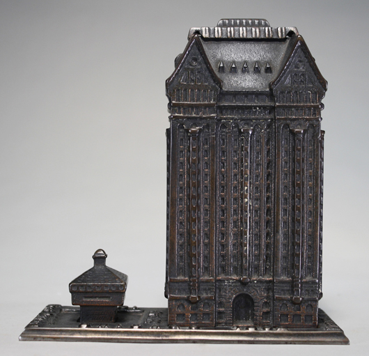 Masonic Temple cast-iron bank, est. $3,000-$4,500. RSL Auction Co. image.
