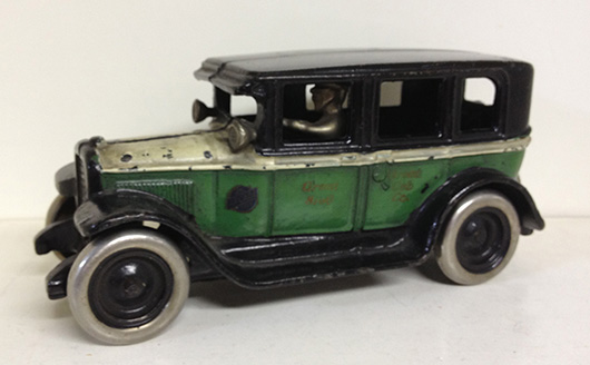 Arcade cast-iron flat-top Limo bank replicating a 1920s Pittsburgh taxi, est. $5,000-$7,000. RSL Auction Co. image.
