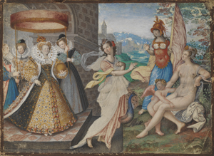 'Queen Elizabeth I (Elizabeth I and the Three Goddesses)' c. 1590, attributed to Isaac Oliver. Watercolor and body color, heightened with gold, on vellum stuck to card © National Portrait Gallery, London, Purchased with the support of Mark Weiss.