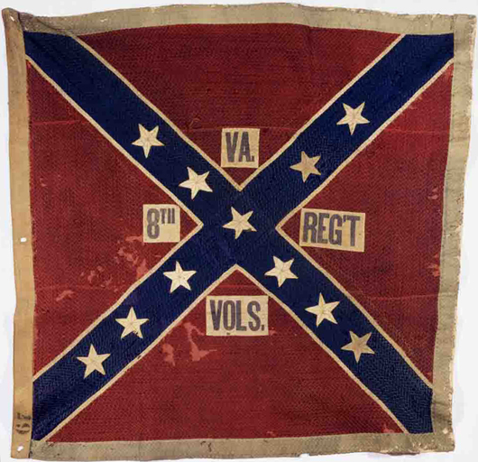 The battle flag of the 8th Virginia Infantry. The 'Bloody 8th' had an 87 percent casualty rate as a result of the charge. Image courtesy Museum of the Confederacy.