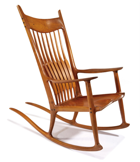 Sam Maloof  rocking chair.  Estimate: $30,000 – 50,000. Los Angeles Modern Auctions image.