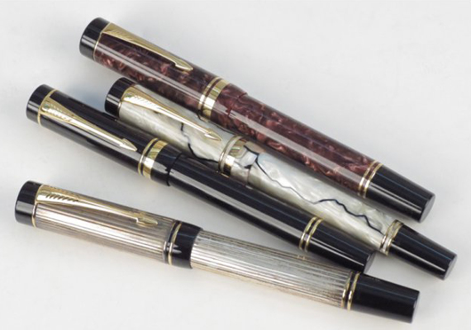 Four vintage Parker fountain pens, all with 18K gold nibs. Image courtesy of LiveAuctioneers.com Archive and Susanin's Auctions.