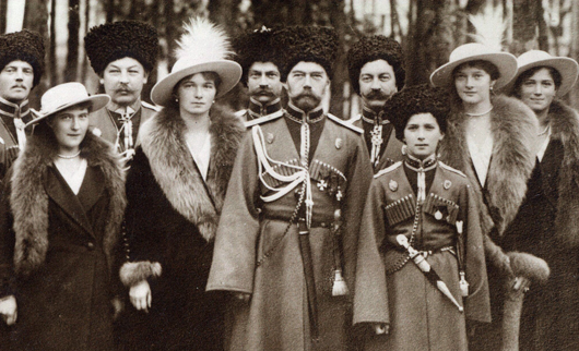 The Romanovs visiting a regiment during World War I. From left to right, Grand Duchess Anastasia, Grand Duchess Olga, Czar Nicholas II, Czarevich Alexei, Grand Duchess Tatiana and Grand Duchess Maria and Kuban Cossacks. Copyright Beinecke Rare Book and Manuscript Library, Yale University.