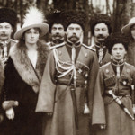 The Romanovs visiting a regiment during World War I. From left to right, Grand Duchess Anastasia, Grand Duchess Olga, Czar Nicholas II, Czarevich Alexei, Grand Duchess Tatiana and Grand Duchess Maria and Kuban Cossacks. Copyright Beinecke Rare Book and Manuscript Library, Yale University.