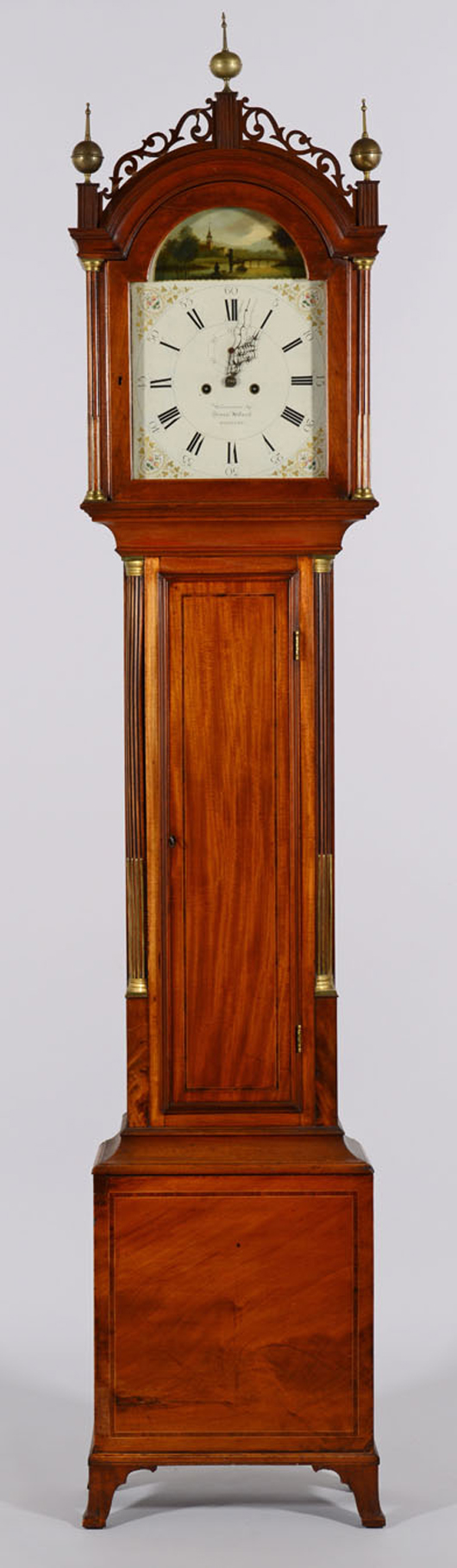 A Simon Willard tall case clock with original Isaiah Thomas paper label inside the waist door is estimated at $35,000-45,000. Case Antiques image.