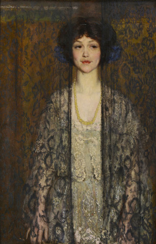 A Nashville estate yielded this painting of a young woman behind black lace curtains by Boston Impressionist Philip Leslie Hale, est. $25,000-$35,000. Case Antiques image.