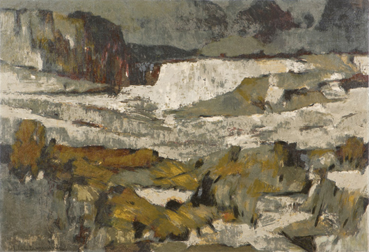A meditative oil-on-canvas rendering of Taos Canyon in winter by New Mexico native Ernest Leonard Blumenschein piqued the interest of multiple bidders. The work brought $12,000 (estimate: $6,000 -$8,000). John Moran Auctioneers image.