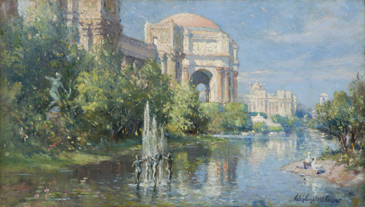 The substantial preauction interest in this painting of the San Francisco Palace of Fine Arts by Colin Campbell Cooper, one of a series set at different times of day, resulted in a final selling price of $90,000, well over the estimated $15,000 - $25,000. John Moran Auctioneers image. 