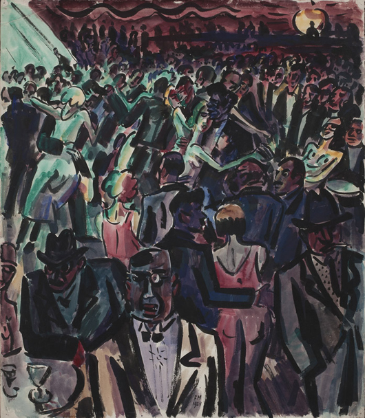 Following heavily competitive bidding, Frans Masereel’s moody and energetic depiction in watercolor of the raucous interior of the Moulin Rouge in Paris earned a price tag of $23,275 (estimate: $1,500 - $2,500). John Moran Auctioneers image.