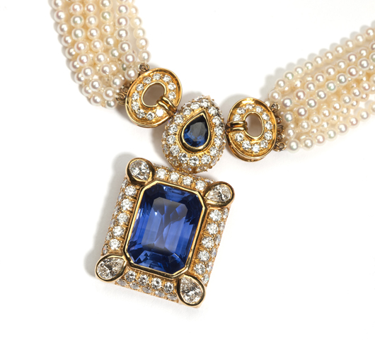 Leading Moran’s May 21 HQ Jewelry Auction is this necklace by Harry Winston which sports a virtually flawless 24-carat Ceylon sapphire with a rich velvety blue hue of tremendous depth (estimate: $70,000-$90,000.) John Moran Auctioneers image.