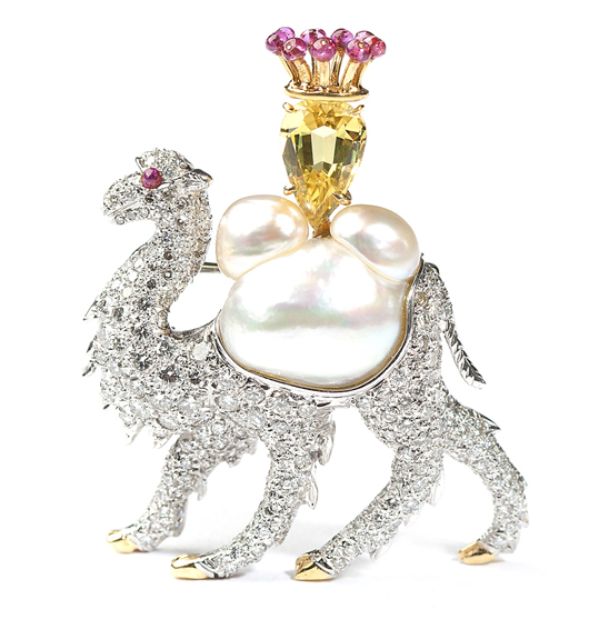 This crowned camel brooch by the important 20th century designer Verdura marries playfulness with elegance, and is offered with an estimate of $8,000-$10,000. John Moran Auctioneers image.