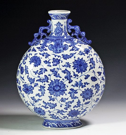 Rare Chinese Blue & White Moonflask, Bianhu, End 18th / Beginning 19th Centuries CE.  Estimate $20,000-$35,000. Antiquities Saleroom image.
