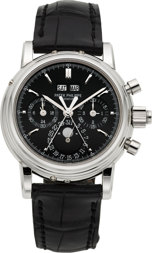 Rare and important Patek Philippe Ref. 5004P platinum wristwatch with split-seconds chronograph, registers, perpetual calendar and moon phases. Estimate: $250,000-$300,000. Heritage Auctions image.