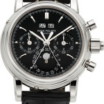 Rare and important Patek Philippe Ref. 5004P platinum wristwatch with split-seconds chronograph, registers, perpetual calendar and moon phases. Estimate: $250,000-$300,000. Heritage Auctions image.