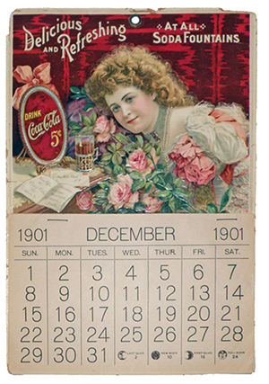 From Coca-Cola's early days, an embossed and chromolithographed 1901 promotional calendar featuring model Hilda Clark. The calendar will be offered in Mosby & Co.'s June 8 Antique Toy & Advertising Auction. Mosby & Co. image.