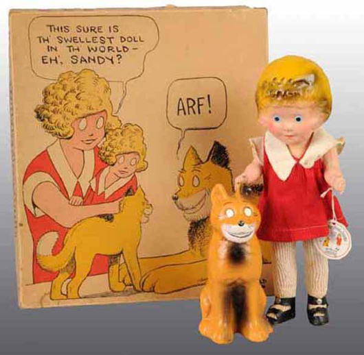 Little Orphan Annie and Sandy dolls in original box, circa 1936. Image courtesy of LiveAuctioneers.com Archive and Dan Morphy Auctions LLC.