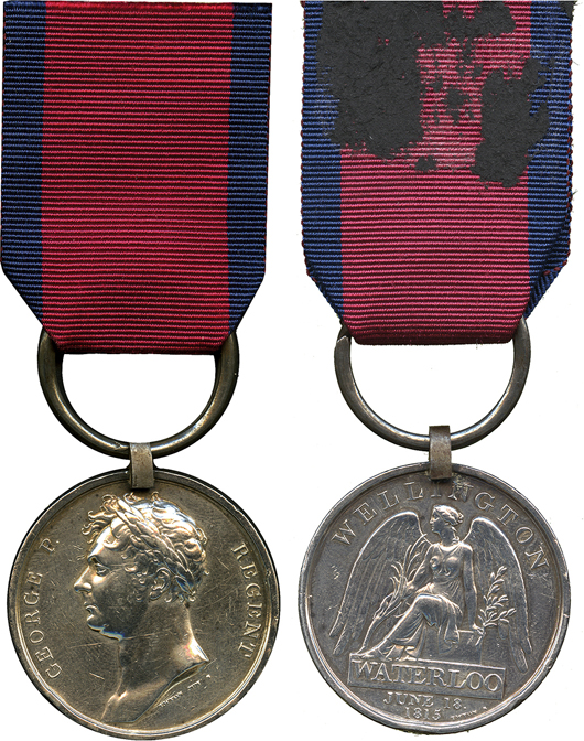Waterloo Medal, 1815, with replacement steel clip and ring suspension (Lieut. A. E. Glynne, 1st Batt. 40th Reg. Foot). Dreweatts London / Baldwin’s image.