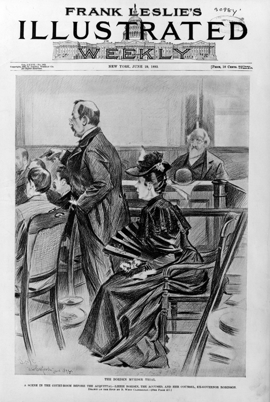 A courtroom scene of the Borden murder trial that appeared on the cover of 'Frank Leslie's Illustrated' newspaper dated June 29, 1893. Image courtesy of Wikimedia Commons. 