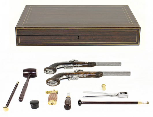 Fine pair of French LePage cased percussion pistols with presentation box, circa 1840. Price realized: $30,000. A.B. Levy’s Auction image.