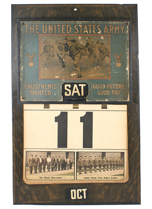 World War I 1917 U.S. Army recruiter's lithograph tin Parrot wall calendar. Mohawk Arms Inc. image.