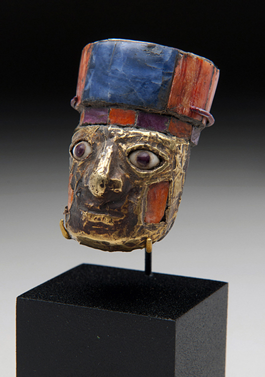 Incredible Nazca/Huari golden miniature head, est. $30,000-$50,000. Antiquities Saleroom image.