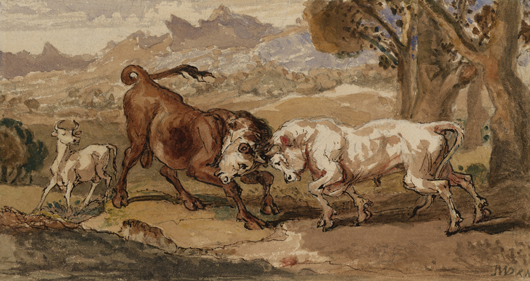 During the inaugural London Art Week, London Old Master dealer Lowell Libson will be showing this work titled 'Virgil's Bulls' by James Ward R.A. (1769–1859). Image courtesy of Lowell Libson.