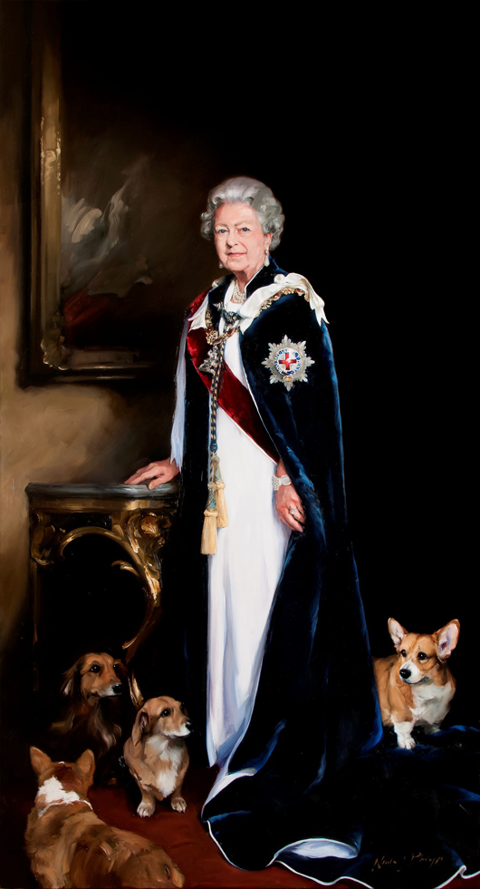 Portrait painter Nicky Phillipps in her studio with her portrait of Her Majesty Queen Elizabeth II, commissioned by The Royal Mail for a new stamp. Image courtesy of Fine Art Commissions and the artist.