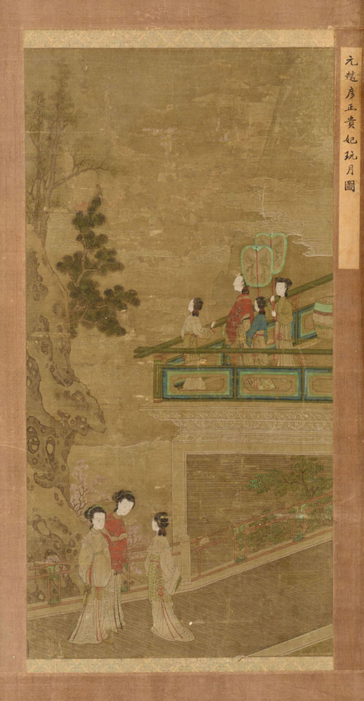 More bidders participated from China than from any other countries except the U.S. and Canada, and many of them wanted this early watercolor on silk scroll, which sold for $13,455. Case Antiques image.