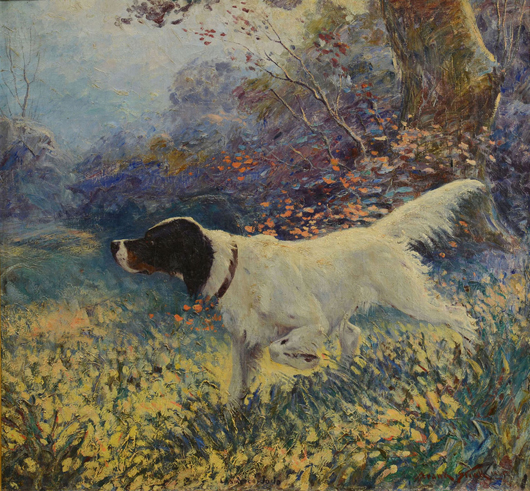 Sporting art was in demand. This Frank Stick (American, 1884-1966) oil on canvas of a hunting dog titled ‘Champion Jojo’ sniffed out a top bid of $12,400. Case Antiques image.  