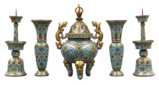 Topping the Asian category was this 19th century Chinese cloisonné enameled garniture set that sold for double its high estimate, $23,800. Clars Auction Gallery image.