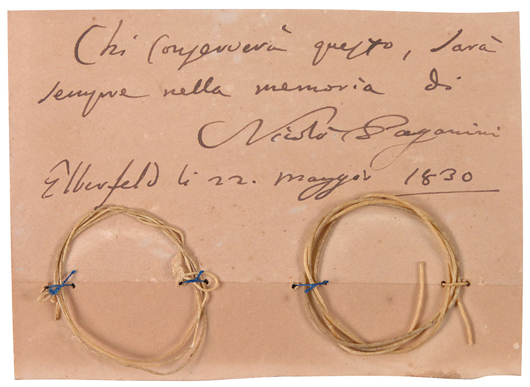 Rare signature and violin strings from the Italian virtuoso and composer Niccolo Paganini (1782-1840), offered in RR Auction's sale that runs through June 19. Image courtesy of RR Auction.