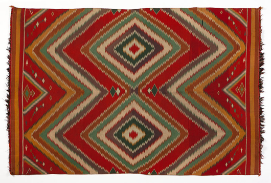 This circa 1890 Germantown ‘Eye Dazzler’ is just one of 30 Native American textiles to be sold at John Moran Auctioneers’ June 18 auction. John Moran Auctioneers image.