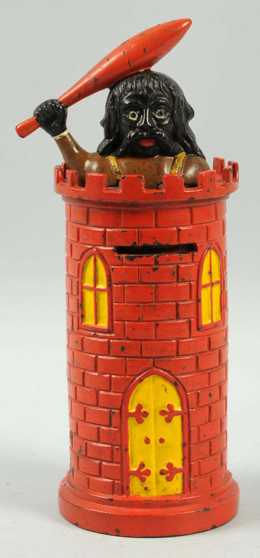 John Harper Giant in Tower mechanical bank, mint condition, est. $15,000-$25,000. Morphy Auctions image.