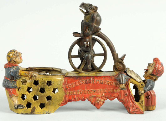 J. & E. Stevens Professor Pug Frog cast-iron mechanical bank, excellent-plus condition, est. $10,000-$15,000. Morphy Auctions image.