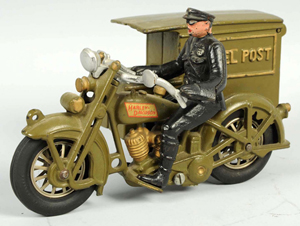 Hubley cast-iron Parcel Post motorcycle toy with original back door and rider, 9½in, est. $2,000-$4,000. Morphy Auctions image.