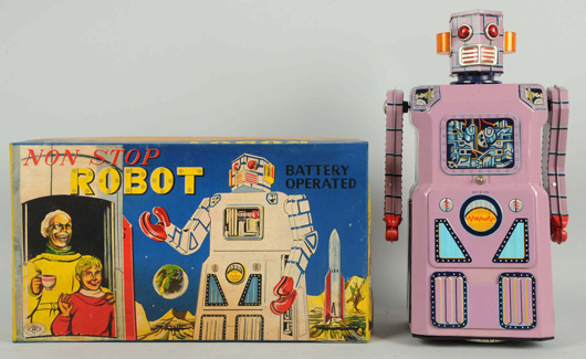 Masudaya lithographed tin Non-Stop or ‘Lavender’ Robot, battery operated, 14½in, with original box, est. $6,000-$9,000. Morphy Auctions image.