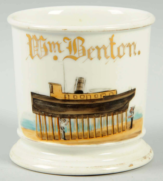 Occupational shaving mug with depiction of ship worker, est. $800-$1,200. Morphy Auctions image.