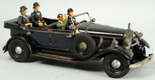 Tippco tin wind-up Hitler Mercedes-Benz ‘Fuhrerwagen,’ 9in, est. $1,200-$1,500. Morphy Auctions image.