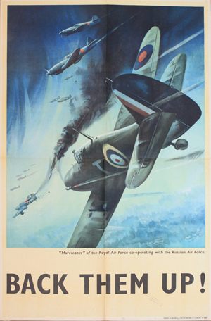 Jobson (dates unknown) ‘Back Them Up!,’ Hurricanes of the RAF co-operating with the Russian Air Force, original WWII poster circa 1940, 76 x 51 cm. Estimate: £250-350. Onslow Auctions Limited image.