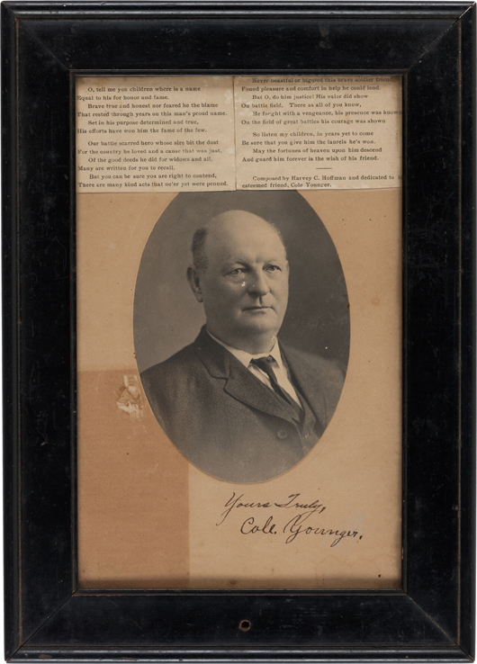 A large Cole Younger autographed photo, given to collector Harry Hoffman by Younger himself. Estimate: $5,000-plus. Heritage Auctions image.