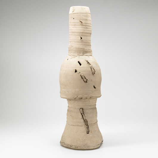 Voulkos founded the pottery department at the University of California, Berkeley, where he taught for many years. This unsigned unglazed stack pot was made in Berkeley in the 1960s and came from the collection of Steven Urry, a friend of the artist. The work brought $15,000 at Rago Auctions in 2012. Courtesy Rago Auctions