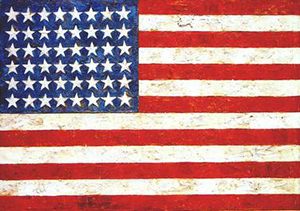 Jasper Johns Jr. (American, b. 1930), 'Flag,' encaustic, oil and collage on fabric mounted on plywood; 42 x 61in., Museum of Modern Art, New York, 1954-55.Fair use of low-resolution copyrighted image depicting a historically significant work that cannot be conveyed in words alone. The image is shown for informative and educational purposes and to provide a means of comparing the authentic artwork, shown here, with any alleged copies. Copyright Jasper Johns/Licensed by VAGA, New York, NY.