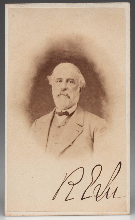Unpublished CDV photograph of Robert E. Lee, verso with a revenue stamp bearing an inscribed ‘White & Kelley, Lexington, Va., circa 1865. Estimate $10,000-$15,000. Jeffrey S. Evans & Associates image.